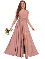 Vestido de dama de honra JKMMYO Off Shoulder Dusty Rose Chiffon Long Vestido de dama de honra JKMMYO Off Shoulder Dusty Rose Chiffon Long