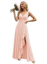 Vestido de dama de honra KJHUTAY com decote em V longo com fenda rosa chiffon