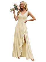 Vestido de dama de honra KJHUTAY evasê com decote em V, babados, champanhe dividido Vestido de dama de honra KJHUTAY evasê com decote em V, babados, champanhe dividido