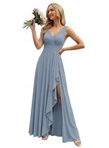 Vestido de dama de honra KJHUTAY simples em evasê com decote em V, babados, azul empoeirado