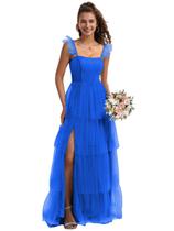 Vestido de dama de honra LANGKAAO Plus Size Long Tule Azul 20w Vestido de dama de honra LANGKAAO Plus Size Long Tule Azul 20w