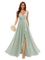 Vestido de dama de honra Loyeloy duplo com decote em V, chiffon, evasê, verde sálvia Vestido de dama de honra Loyeloy duplo com decote em V, chiffon, evasê, verde sálvia