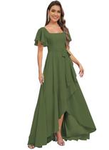 Vestido de dama de honra Monvelli de manga esvoaçante em chiffon verde oliva