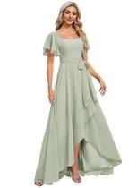 Vestido de dama de honra Monvelli Sage Green Chiffon assimétrico