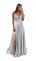 Vestido de dama de honra Monvelli Silver Satin longo com fenda tamanho 0