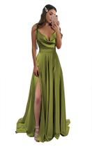 Vestido de dama de honra Monvelli verde oliva acetinado longo com fenda Vestido de dama de honra Monvelli verde oliva acetinado longo com fenda
