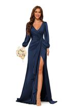 Vestido de dama de honra PUXIU 2026 de manga comprida, cetim, azul marinho