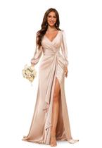 Vestido de dama de honra PUXIU 2026, manga comprida, decote em V, champanhe, US14