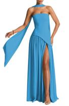 Vestido de dama de honra PUXIU azul oceano, cetim, sem alças, US14 Vestido de dama de honra PUXIU azul oceano, cetim, sem alças, US14