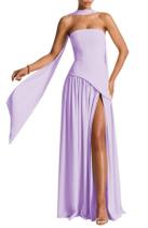 Vestido de dama de honra PUXIU, lilás, cetim, evasê, alto, split, feminino