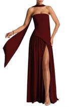 Vestido de dama de honra PUXIU Plus Size de cetim sem alças cor de vinho Vestido de dama de honra PUXIU Plus Size de cetim sem alças cor de vinho