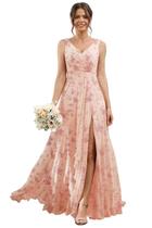 Vestido de dama de honra RSOETOO com decote em V floral de chiffon longo com fenda