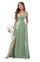 Vestido de dama de honra, sem ombro, chiffon verde sálvia Vestido de dama de honra, sem ombro, chiffon verde sálvia