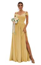 Vestido de dama de honra SOLODISH Gold Chiffon com fenda no ombro Vestido de dama de honra SOLODISH Gold Chiffon com fenda no ombro