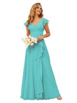 Vestido de dama de honra TIRAS, chiffon turquesa, manga curta com babados Vestido de dama de honra TIRAS, chiffon turquesa, manga curta com babados