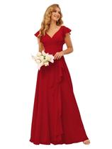 Vestido de dama de honra TIRAS com babados em chiffon vermelho para convidada de casamento