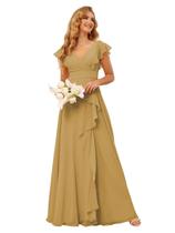 Vestido de dama de honra TIRAS Gold com babados em chiffon Empire Waist 16W Vestido de dama de honra TIRAS Gold com babados em chiffon Empire Waist 16W