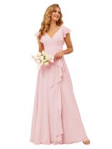 Vestido de dama de honra TIRAS rosa de chiffon com babados e manga curta para mulheres Vestido de dama de honra TIRAS rosa de chiffon com babados e manga curta para mulheres