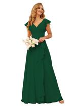 Vestido de dama de honra TIRAS Ruffles Chiffon com decote em V verde esmeralda Vestido de dama de honra TIRAS Ruffles Chiffon com decote em V verde esmeralda