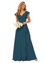 Vestido de dama de honra TIRAS Simple Empire Waist, decote em V com fenda azul-petróleo