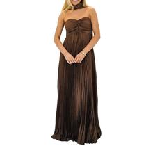 Vestido de dama de honra Yenily sem alças plissado, fluido, longo, marrom