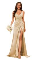 Vestido de dama de honra YMSHA, champanhe, cetim, decote em V, sereia, longo