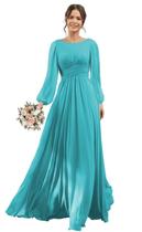 Vestido de dama de honra YOFF, mangas compridas, azul aqua, chiffon, US16