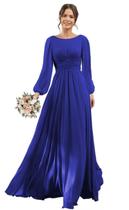 Vestido de Dama de Honra YOFF Royal Blue - Chiffon, A-Line, Manga Comprida