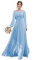 Vestido de dama de honra YOFF Sky Blue Chiffon A-line com manga esvoaçante Vestido de dama de honra YOFF Sky Blue Chiffon A-line com manga esvoaçante