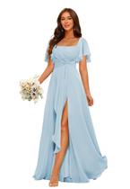 Vestido de dama de honra ZUMEIJIA Chiffon de manga curta azul celeste feminino