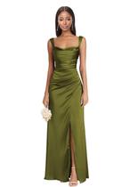 Vestido de dama de honra ZUMEIJIA com decote quadrado de cetim verde oliva