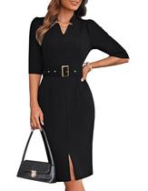 Vestido de escritório Grace Karin com decote em V, manga 3/4, preto para mulheres