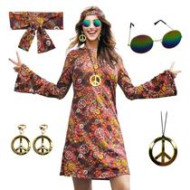 Vestido de fantasia MRYUWB Hippie dos anos 70 com colar, brincos, óculos de sol