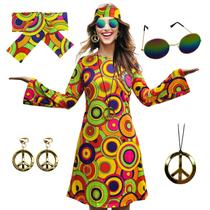 Vestido de fantasia MRYUWB Hippie dos anos 70 com colar, brincos, óculos de sol Vestido de fantasia MRYUWB Hippie dos anos 70 com colar, brincos, óculos de sol