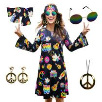 Vestido de fantasia MRYUWB Hippie dos anos 70 com colar, brincos, óculos de sol Vestido de fantasia MRYUWB Hippie dos anos 70 com colar, brincos, óculos de sol