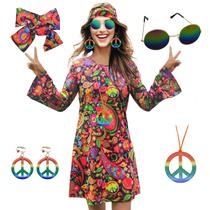 Vestido de fantasia MRYUWB Hippie dos anos 70 com colar, brincos, óculos de sol Vestido de fantasia MRYUWB Hippie dos anos 70 com colar, brincos, óculos de sol