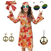 Vestido de fantasia MRYUWB Hippie dos anos 70 com colar, brincos, óculos de sol Vestido de fantasia MRYUWB Hippie dos anos 70 com colar, brincos, óculos de sol