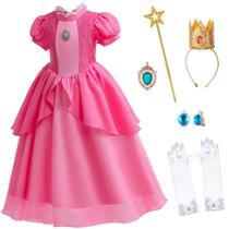 Vestido de fantasia rosa para menina 2T 3T com luvas e varinha Vestido de fantasia rosa para menina 2T 3T com luvas e varinha