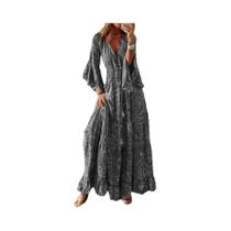 Vestido De Férias Com Estampa Floral Boêmia, Decote Em V, Cintura Alta E Mangas Largadas Para