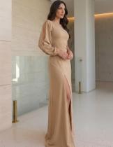 Vestido De Festa de Casamento Longo Manga Unica Nula Ombro Só Com Fenda na Perna Elegante Drapeado Modelador