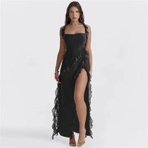 Vestido De Festa De Noite Elegante Vermelho Preto Para Mulheres Sexy Babados Slash Neck Split Longo