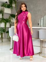 Vestido de Festa Elegante sem Manga em Cetim com Brilho Moda Evangélica Cor:RosaTamanho:M