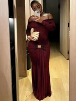 Vestido De Festa Elegante Slim Fit Com Decote Canoa Franzido E Fita, Manga Comprida, Elástico E Vestido De Festa Elegante Slim Fit Com Decote Canoa Franzido E Fita, Manga Comprida, Elástico E