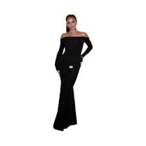 Vestido De Festa Elegante Slim Fit Com Decote Canoa Franzido E Fita, Manga Comprida, Elástico E Vestido De Festa Elegante Slim Fit Com Decote Canoa Franzido E Fita, Manga Comprida, Elástico E