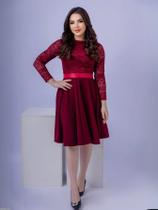 Vestido De Festa Feminino Adulto Midi Godê Acinturado Manga Longa