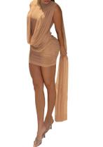 Vestido de festa Geulis Sheer, mangas de mangas franzidas, corpo, cáqui Vestido de festa Geulis Sheer, mangas de mangas franzidas, corpo, cáqui