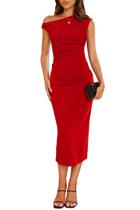 Vestido de festa IHOT Off Shoulder Ruched Bodycon vermelho grande