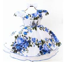 Vestido De Festa Infantil Azul Floral Princesa Fofo E Tiara