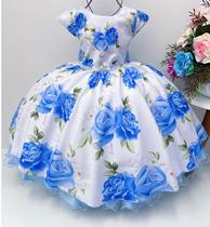Vestido De Festa Infantil floral Azul Branco