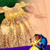 Vestido de festa infantil realeza Amarelo e dourado princesa Bela - Pequena Princesa